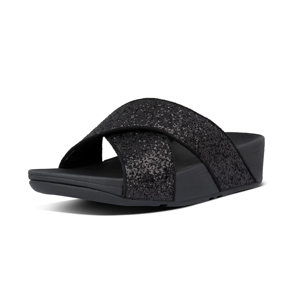 Fitflop Womens Slides Black - Lulu Glitter Cross - WB0894531